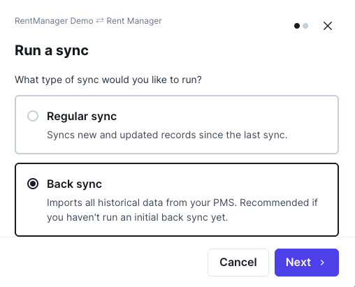 Back sync option in the Run a sync dialog