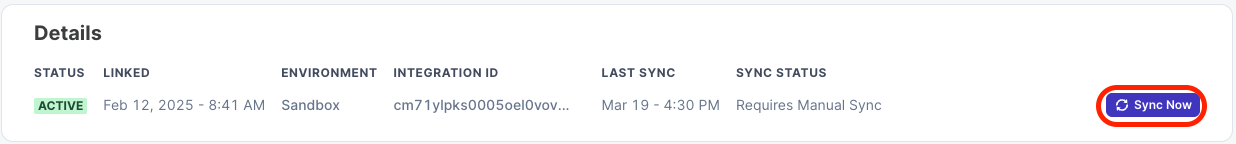 Sync Now button on the integration view